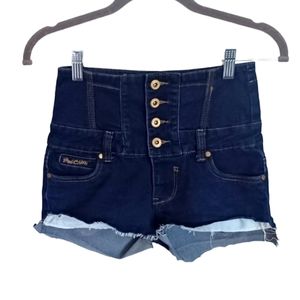 High Rise Waisted Dark Wash Denim Button Fly Stretchy Cut off Jean Shorts 8
